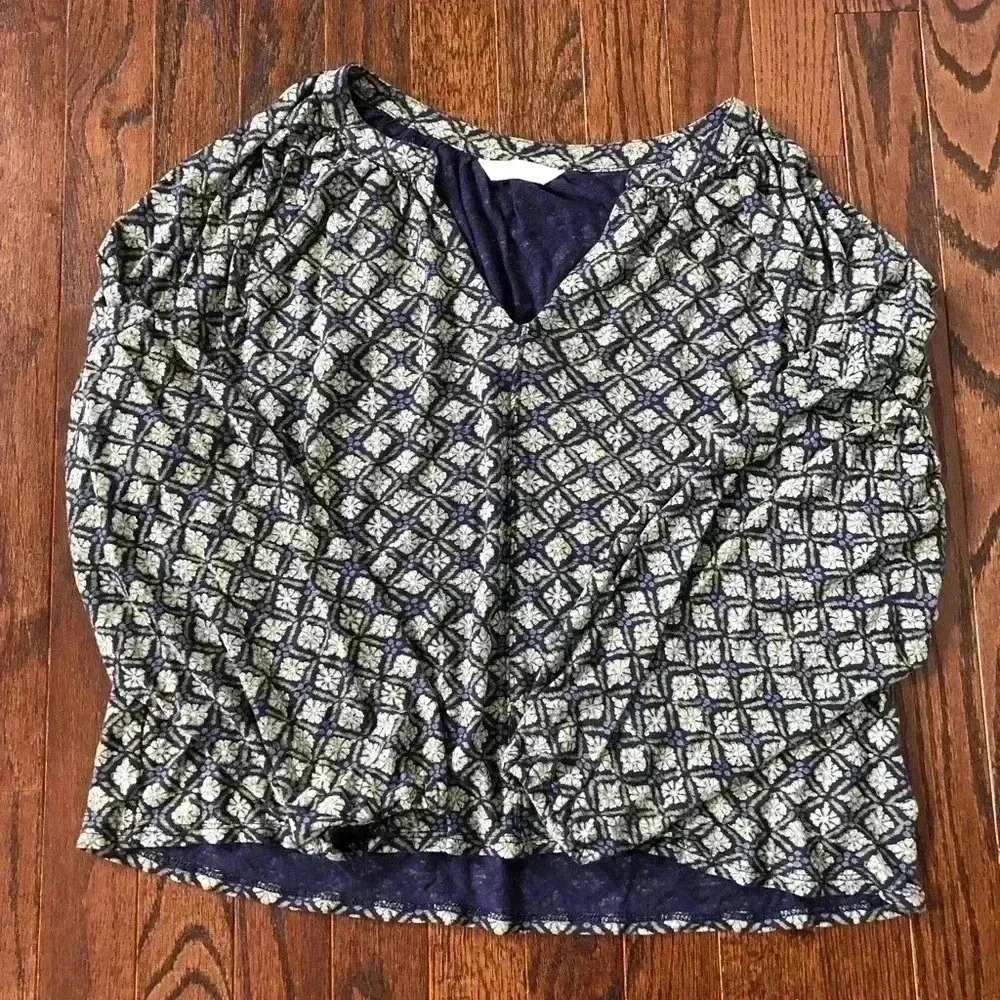 Lucky Brand Women's M Split Collar Navy Blue w/Green Flowers Long-Sleeve Blouse